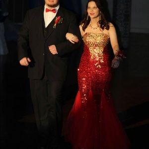 Red mermaid sequin dress with gold embroidering